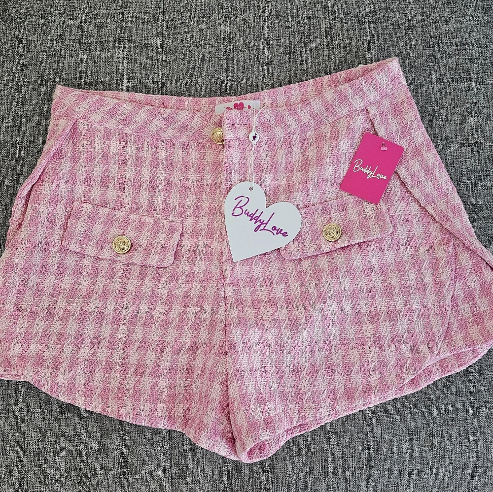 MAE TWEED HIGH-WAISTED SHORTS - PALE PINK Size Large